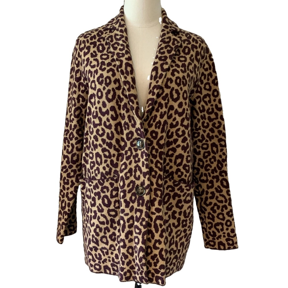 Leopard Sweater Knit Shawl Collar Long Jacket Blazer Size M Ann Taylor